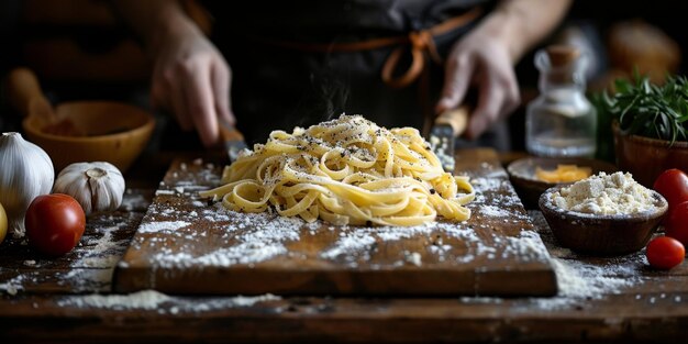 Classic pasta on kitchen background diet and food concept