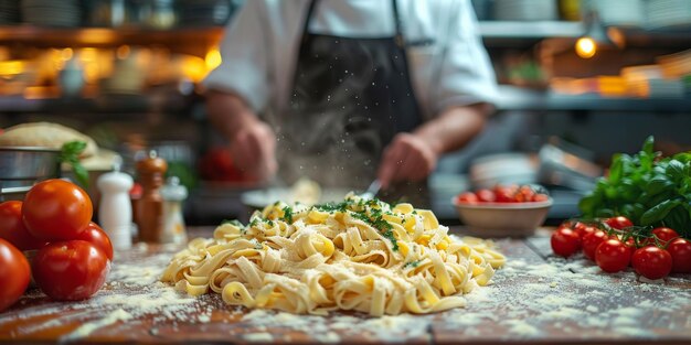 Classic pasta on kitchen background diet and food concept