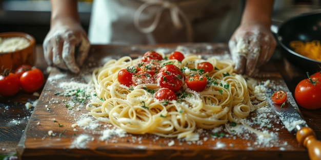 Classic pasta on kitchen background diet and food concept