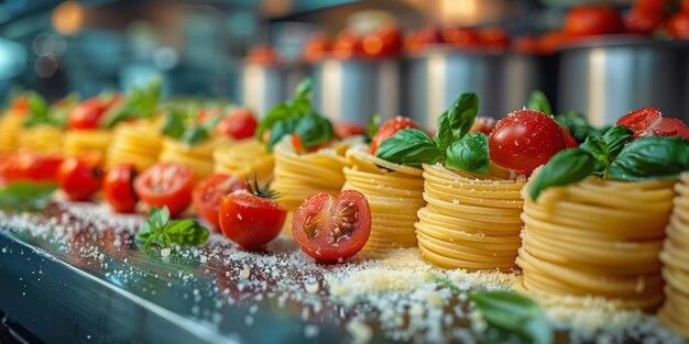 Photo classic pasta on kitchen background diet and food concept