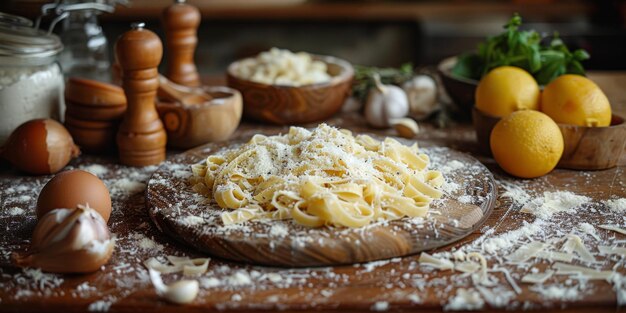 Classic pasta on kitchen background diet and food concept