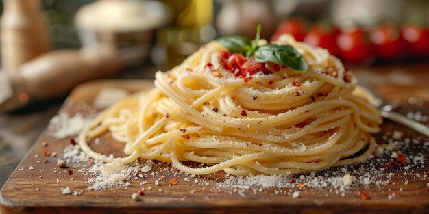 Classic pasta on kitchen background diet and food concept