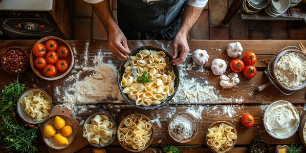 Классические макароны на кухонном фоне диета и концепция еды