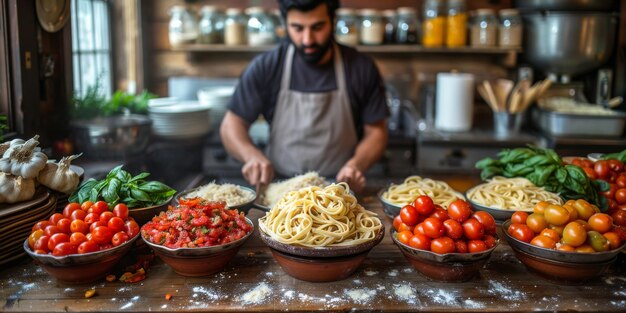 Foto pasta classica sullo sfondo della cucina dieta e concetto alimentare