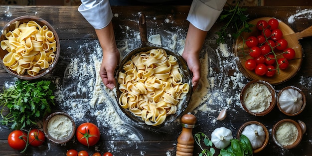 Photo classic pasta on kitchen background diet and food concept