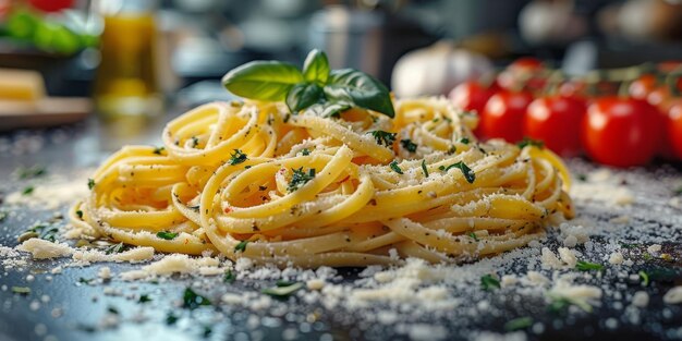 Classic pasta on kitchen background diet and food concept