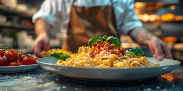 Classic pasta on kitchen background diet and food concept