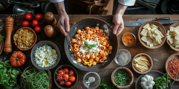 사진 주방 배경에 있는 고전적인 파스타 식단과 음식 개념