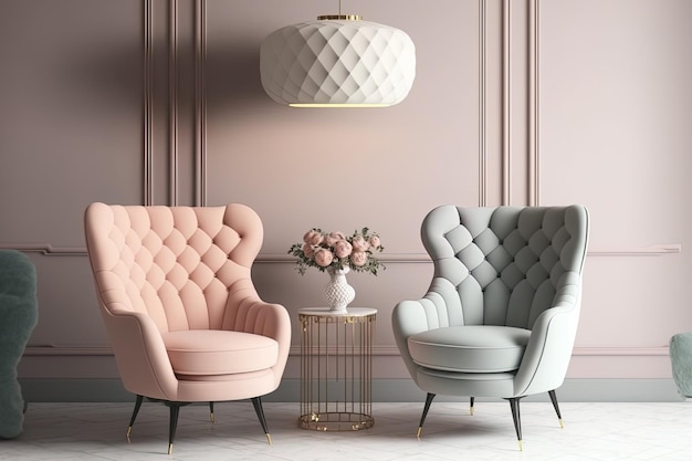 Classic pastel interior with plush chairs and lighting