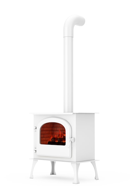 Photo classic ðpen home fireplace stove with chimney pipe and firewood burning in red hot flame in clay style on a white background. 3d rendering