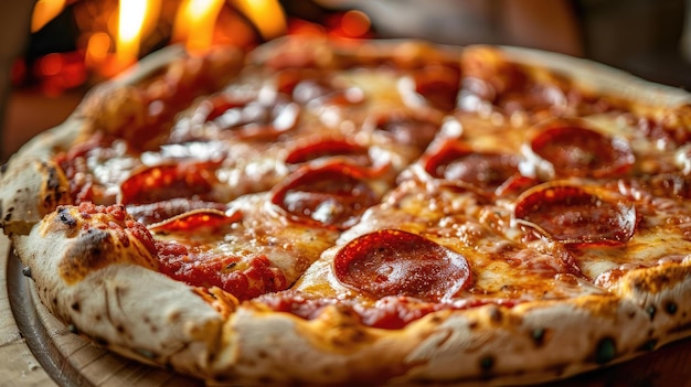 Classic pepperoni pizza with a crispy crust being pulled from a woodfired oven in a cozy pizzeria