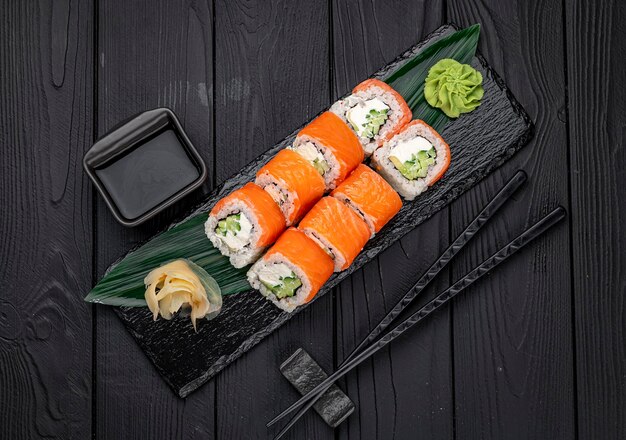 Classic Philadelphia sushi roll set with salmon and cream cheese