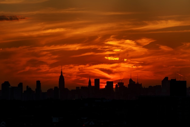 A classic photo of a scenic sunset with the skyscrapers of new york city