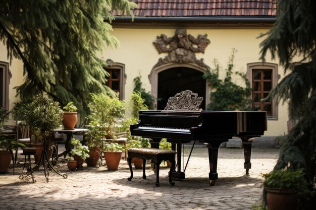 Classic piano in courtyard historical building backdrop