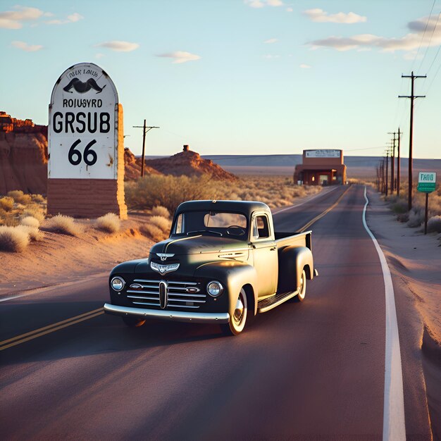 Classic Pickup Truck op de Arizona Desert Road 3D-rendering