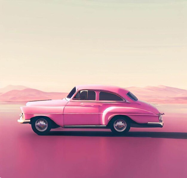 Foto carro rosa classico con colline rosa