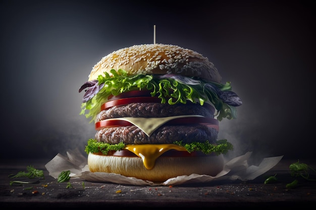 Classic proportion burger on wooden table with cinematic lighting Generative AI illustration