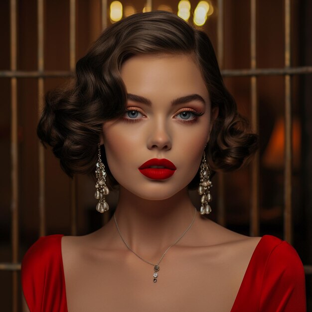 Классическая красная губа, идеально выровненная и наполненная элегантной винтажной эстетикой.