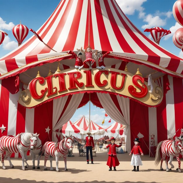 Foto classica tenda da circo rossa e bianca con cartello decorativo