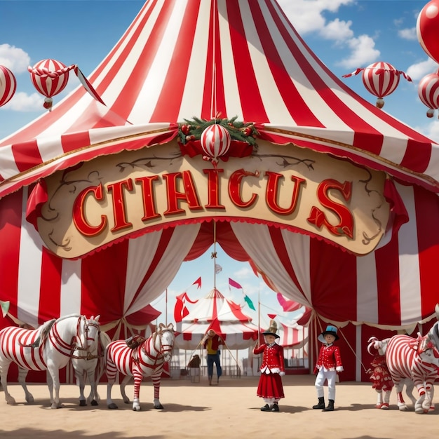 Foto classica tenda da circo rossa e bianca con cartello decorativo