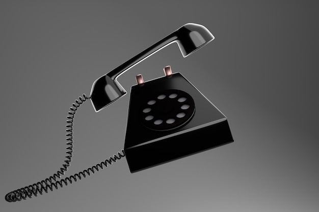 Классический ретро-телефон черного цвета на сером фоне левитации 3D рендеринг
