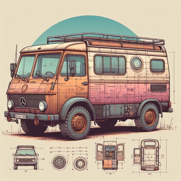 classic retro vintage rusty offroad camper custom vintage van with detailed parts and schematics