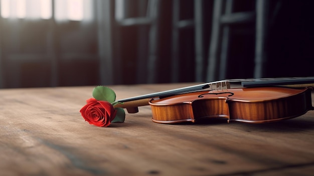 赤いバラを持つ古典的なレトロなバイオリン音楽弦楽器