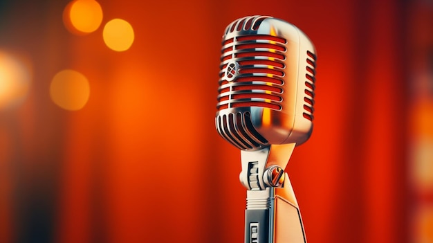 Classic retro voice microphone instrument red banner background image Ai generated art