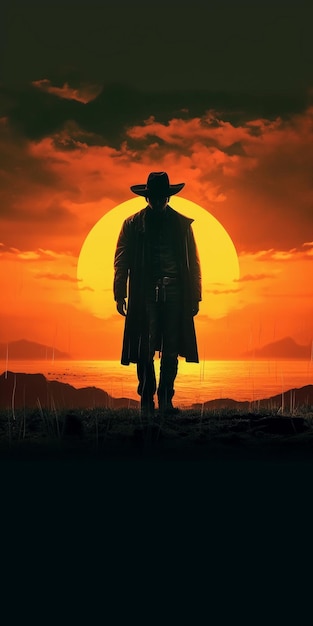 Photo classic retro western movie poster with an outlaw sheriff man silhouette holding a gun at the sunset