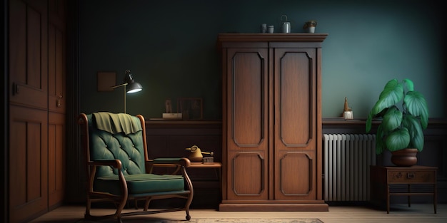 A classic room with a chair a cabinet and a lamp Generative AI