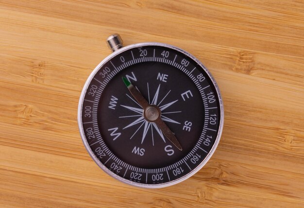 Classic round compass on a wooden background Travel concept View from above
