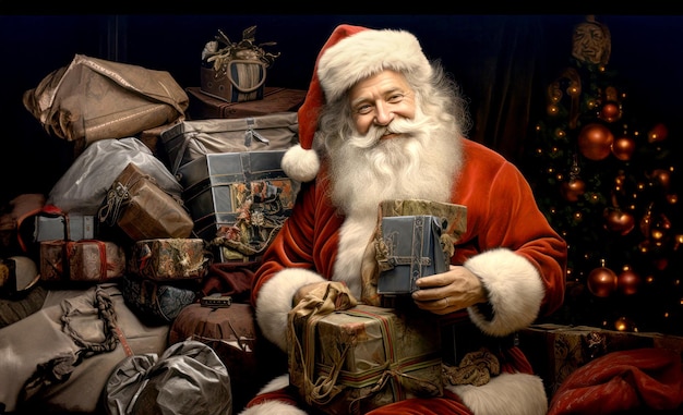 클래식 산타클로스가 현실적인 오일 페인팅 스타일로 선물을 준비하고 있습니다. 메리 크리스마스와 행복한 휴일 컨셉