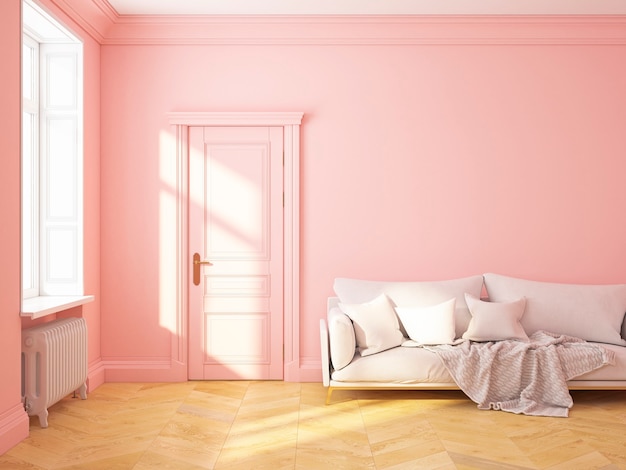 Quarzo rosa dal design scandinavo classico con divano e cuscini. illustrazione rendering 3d