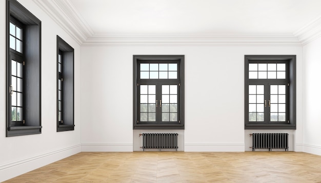 Classic scandinavian white empty interior with windows, parquet and heating batteries. Big room. 3d render illustration .