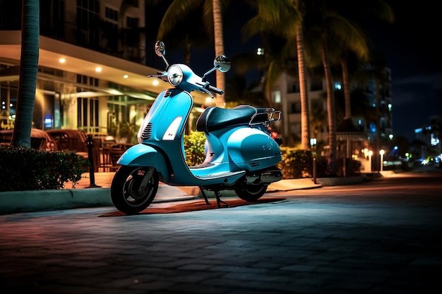 Classic scooter parked in Miami Beach at night