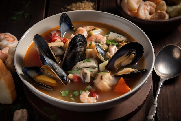 Classic seafood soup with mussels clams and shrimp