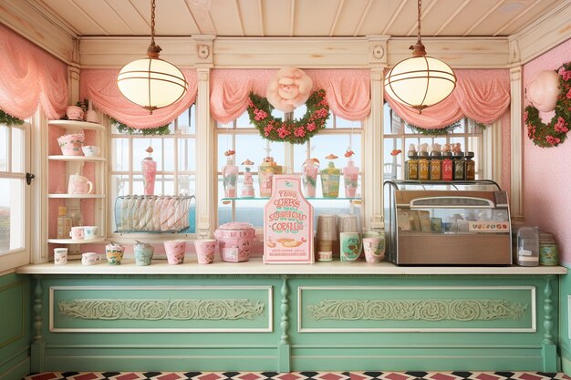 Photo classic setting with an ice cream parlor counter and vintage signage