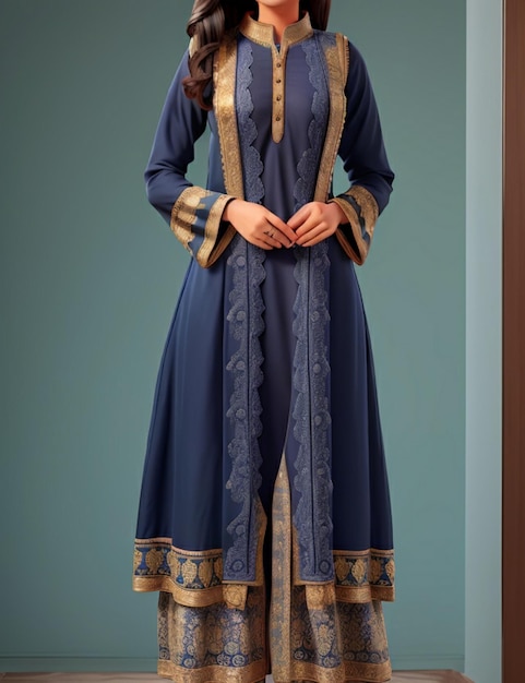 A classic shalwar kameez in navy blue with a subtle sheen and delicate beading