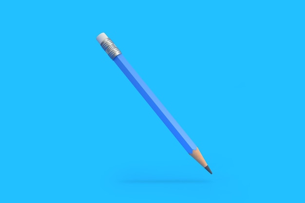 Classic sharp wooden pencil with rubber eraser flying on blue background Minimal creative concept 3D