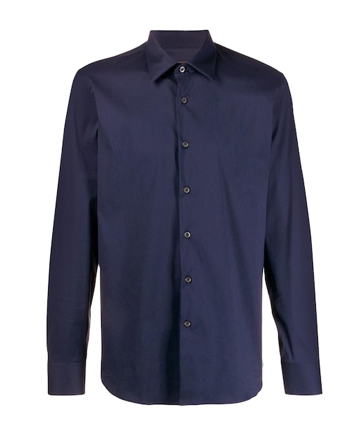 Classic shirt of black silk with long sleeves and pockets on chest in half turn front side and back
