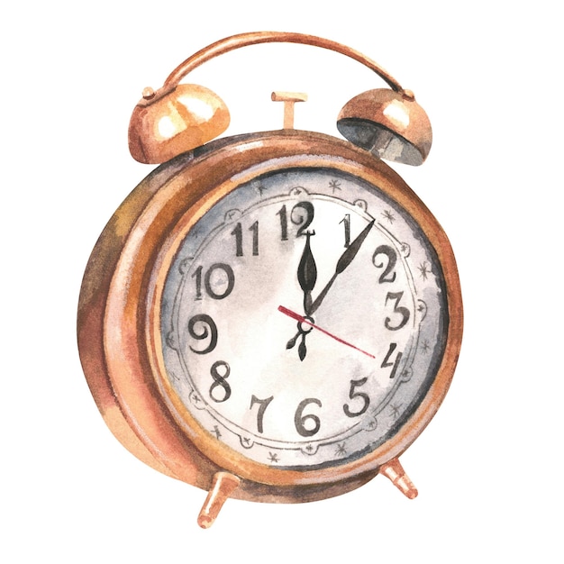 Classic sketch with gold retro watercolor alarm clock on white background Isolate