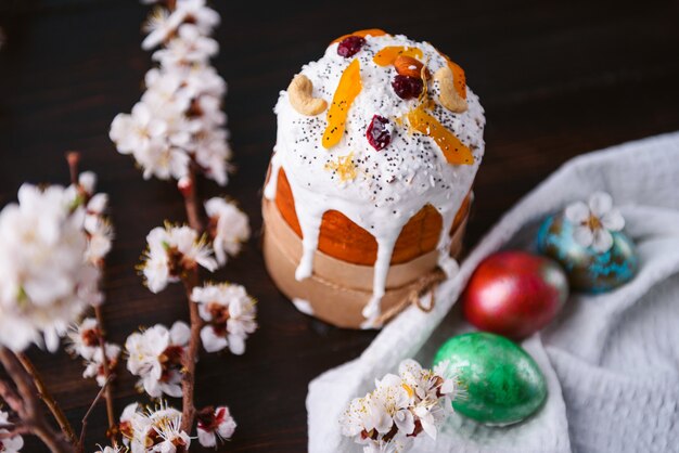 Classic Slavic Easter cakes with Easter eggs in a wicker basket