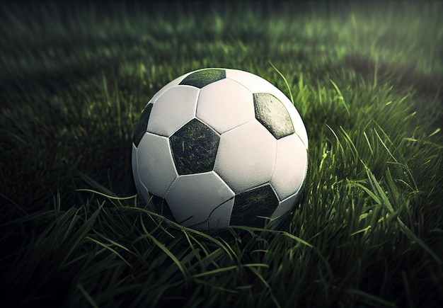 Classic soccer ball in a football stadium on a green lawn AI generated image