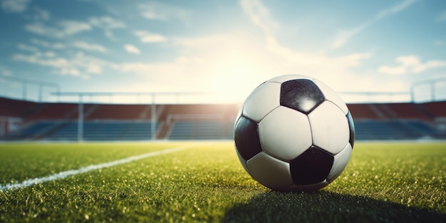 Photo classic soccer ball on pitch with stadium seats and on background stadium with soccer ball