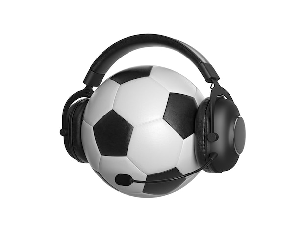 Classic soccer ball with black headphones on a white isolated background 3D illustration