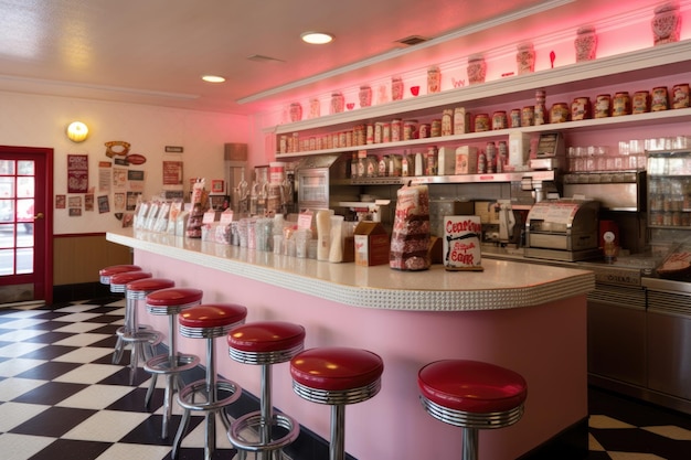 Classic soda fountain counter with checkerboard flooring created with generative ai