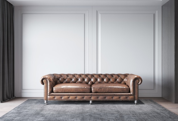 Классический диван с классической отделкой стен и окон в интерьере