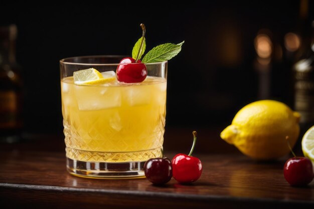 Classic sour whiskey cocktail decorated with lemon and cherry on the bar table