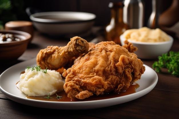 Classic southern plate of fried chicken mashed potatoes and gravy created with generative ai