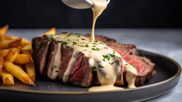 a classic steak frites featuring a perfectly grilled steak crispy french fries